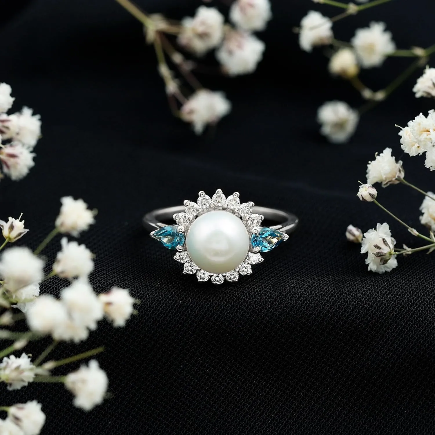 Certified Pearl Moissanite Halo Engagement Ring, AAA Quality, Real 8 mm Pearl Vintage Style Ring with London Blue Topaz