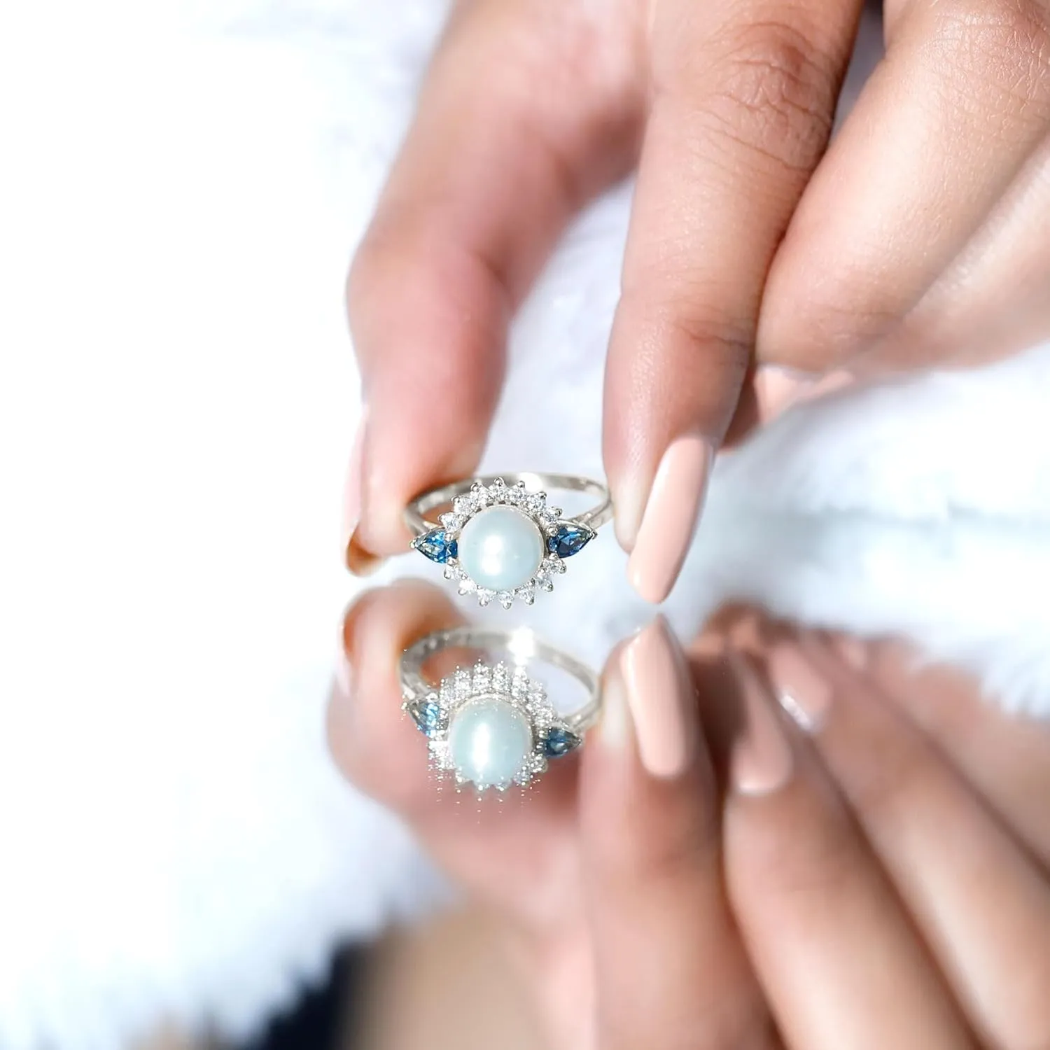 Certified Pearl Moissanite Halo Engagement Ring, AAA Quality, Real 8 mm Pearl Vintage Style Ring with London Blue Topaz