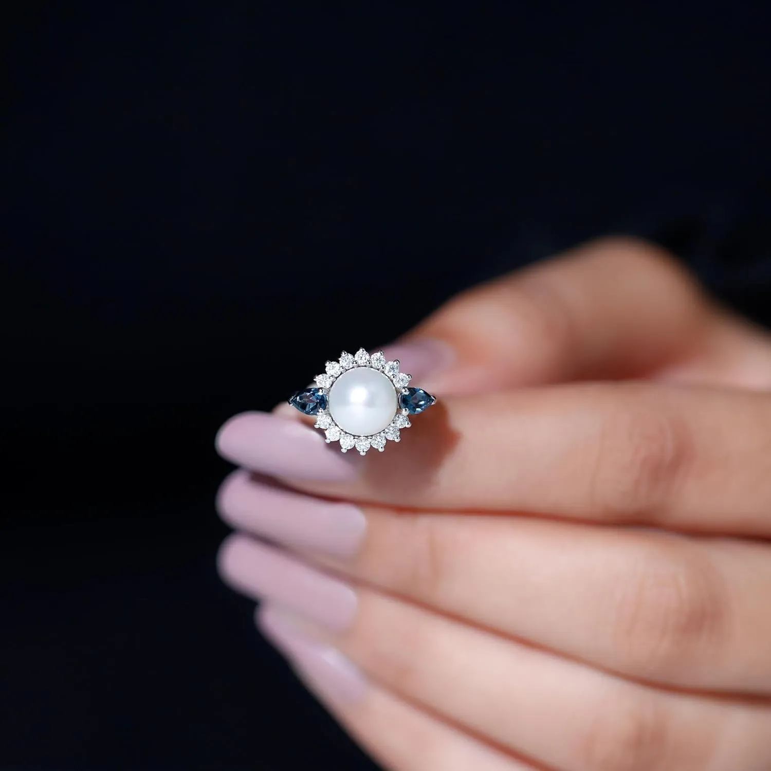 Certified Pearl Moissanite Halo Engagement Ring, AAA Quality, Real 8 mm Pearl Vintage Style Ring with London Blue Topaz