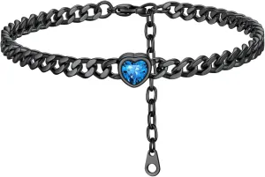 ChainsHouse Cuban Chain Anklets for Women,Stainless Steel Black 6mm Link Chain Ankle Bracelet with Heart Birthstone Jan - Dec 12 Months, 22cm-27cm Adjustable, with Gift Box