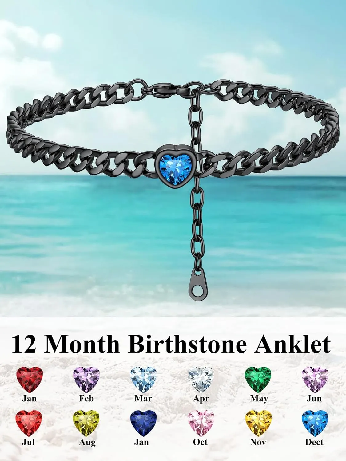 ChainsHouse Cuban Chain Anklets for Women,Stainless Steel Black 6mm Link Chain Ankle Bracelet with Heart Birthstone Jan - Dec 12 Months, 22cm-27cm Adjustable, with Gift Box