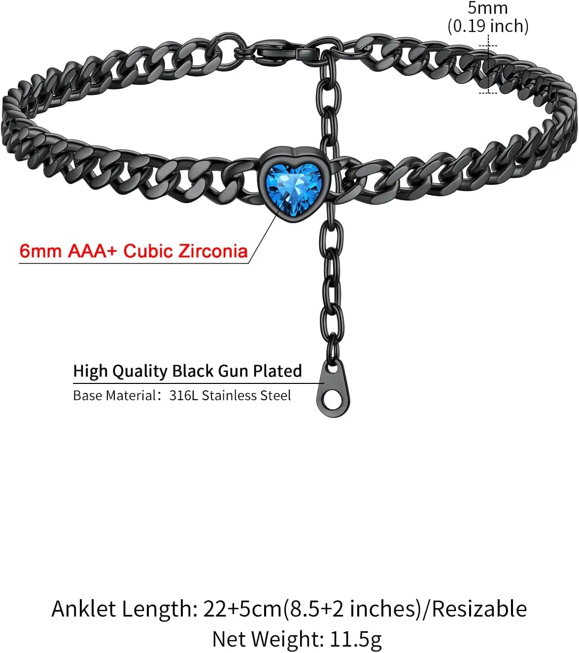 ChainsHouse Cuban Chain Anklets for Women,Stainless Steel Black 6mm Link Chain Ankle Bracelet with Heart Birthstone Jan - Dec 12 Months, 22cm-27cm Adjustable, with Gift Box