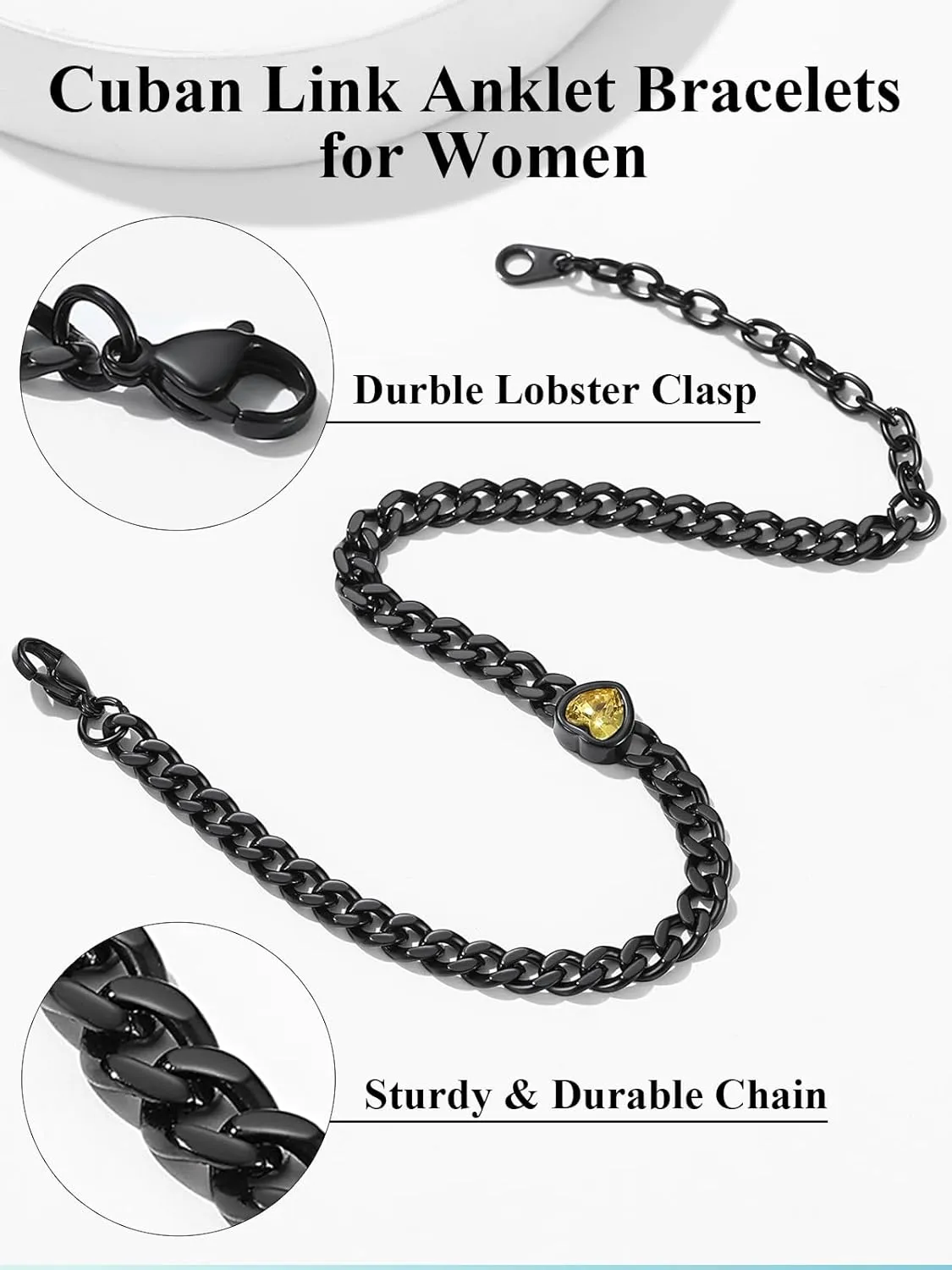ChainsHouse Cuban Chain Anklets for Women,Stainless Steel Black 6mm Link Chain Ankle Bracelet with Heart Birthstone Jan - Dec 12 Months, 22cm-27cm Adjustable, with Gift Box