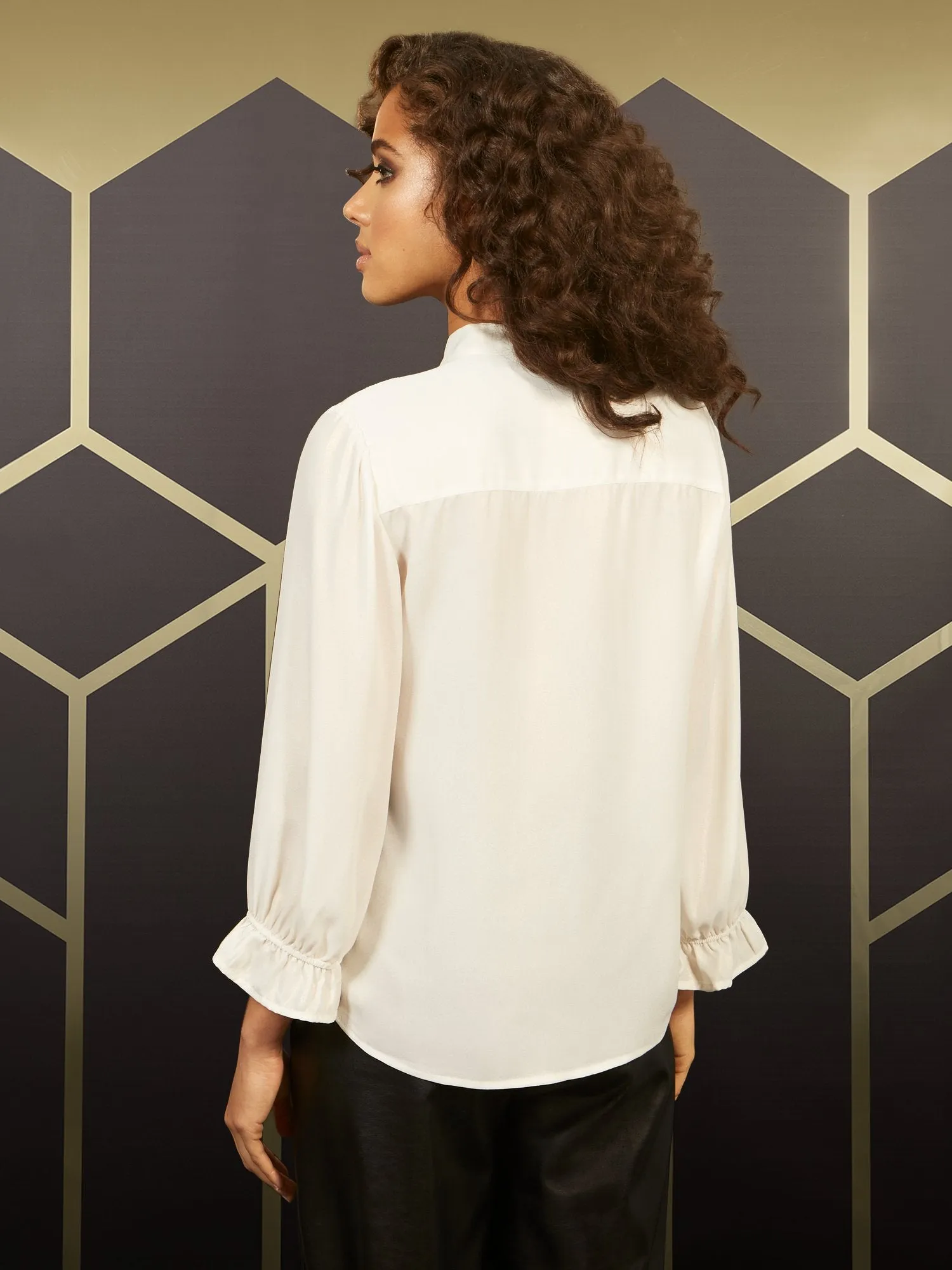 Champange V-Neck Ruffled-Sleeve Blouse