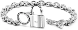 Charm Women 925 Sterling Silver Key Lock Pendant Bracelet Fashion Solid Silver Rolo Chain Bangle Fine Jewelry Gift For Wife & Girlfriend