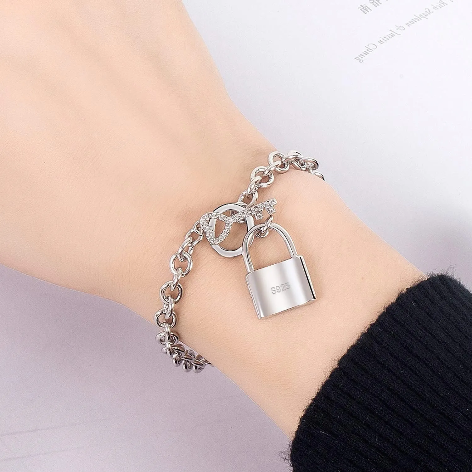 Charm Women 925 Sterling Silver Key Lock Pendant Bracelet Fashion Solid Silver Rolo Chain Bangle Fine Jewelry Gift For Wife & Girlfriend
