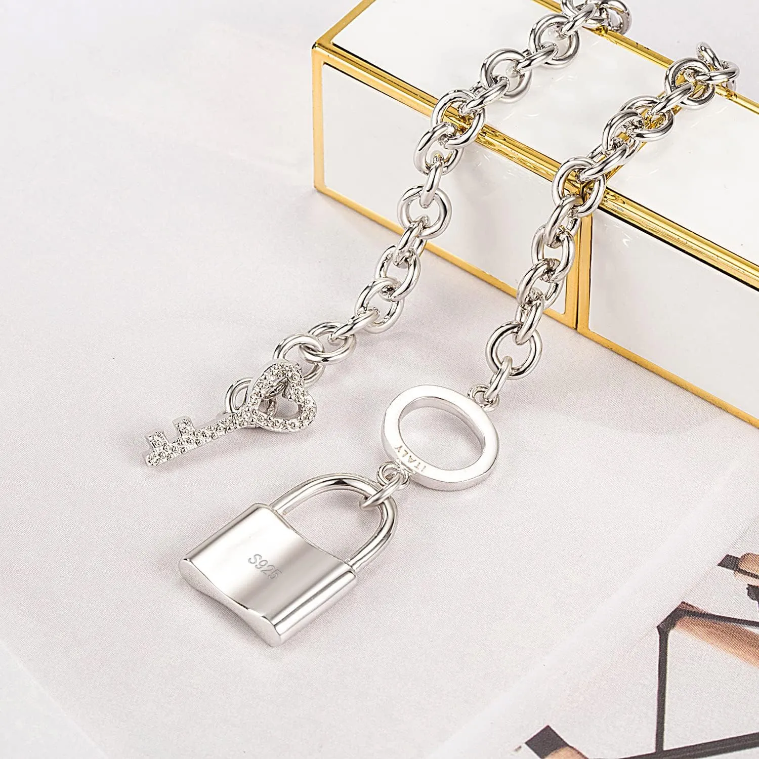Charm Women 925 Sterling Silver Key Lock Pendant Bracelet Fashion Solid Silver Rolo Chain Bangle Fine Jewelry Gift For Wife & Girlfriend