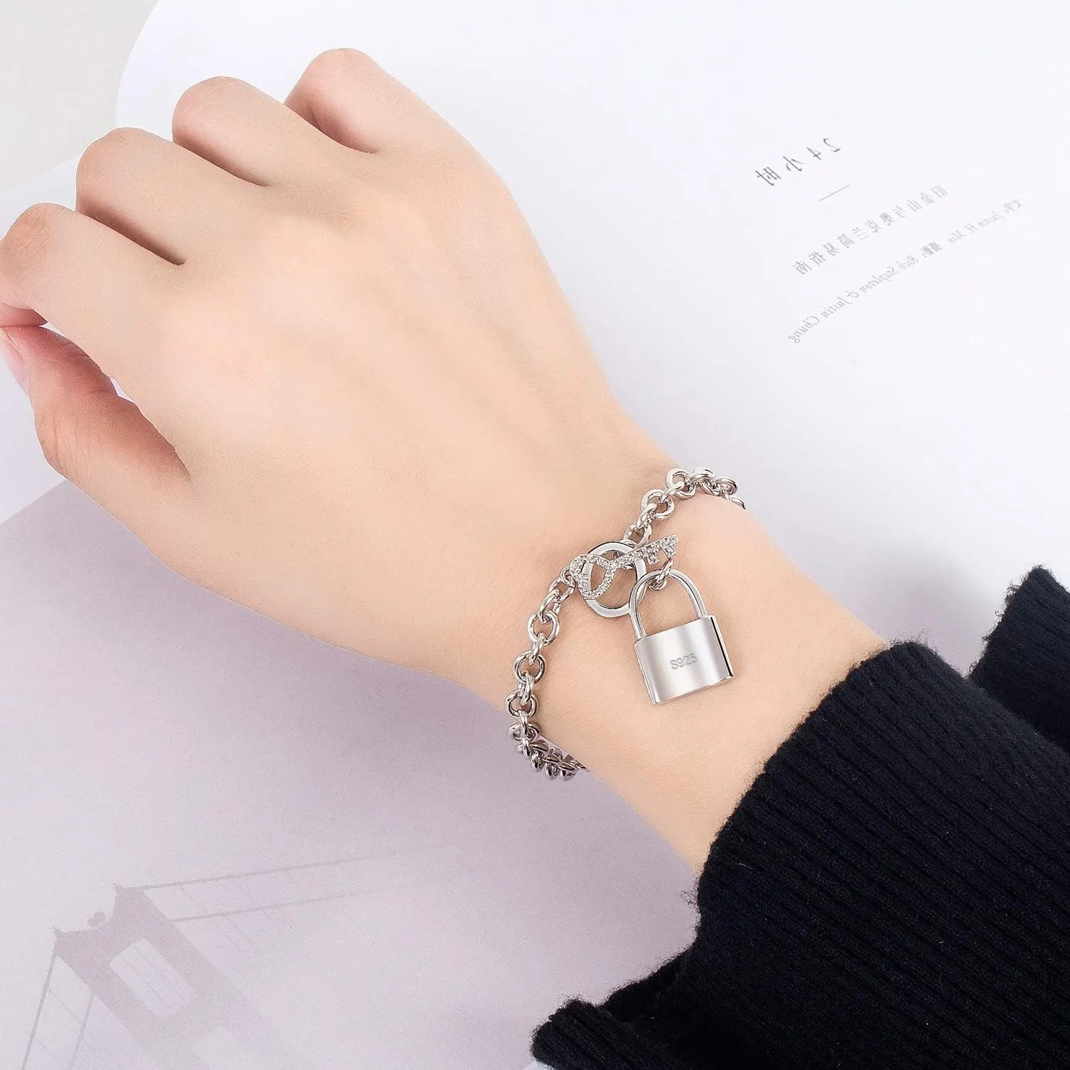 Charm Women 925 Sterling Silver Key Lock Pendant Bracelet Fashion Solid Silver Rolo Chain Bangle Fine Jewelry Gift For Wife & Girlfriend