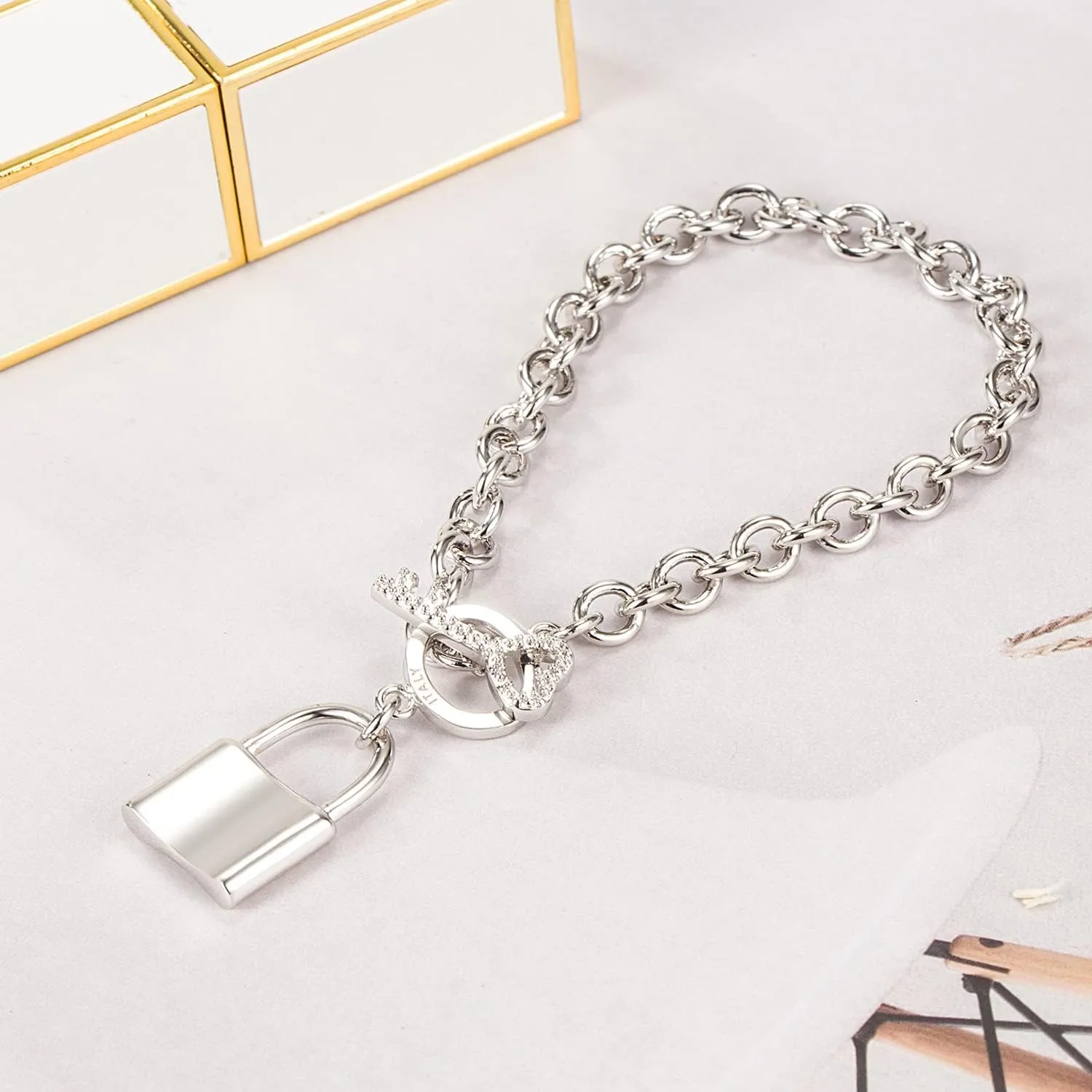 Charm Women 925 Sterling Silver Key Lock Pendant Bracelet Fashion Solid Silver Rolo Chain Bangle Fine Jewelry Gift For Wife & Girlfriend