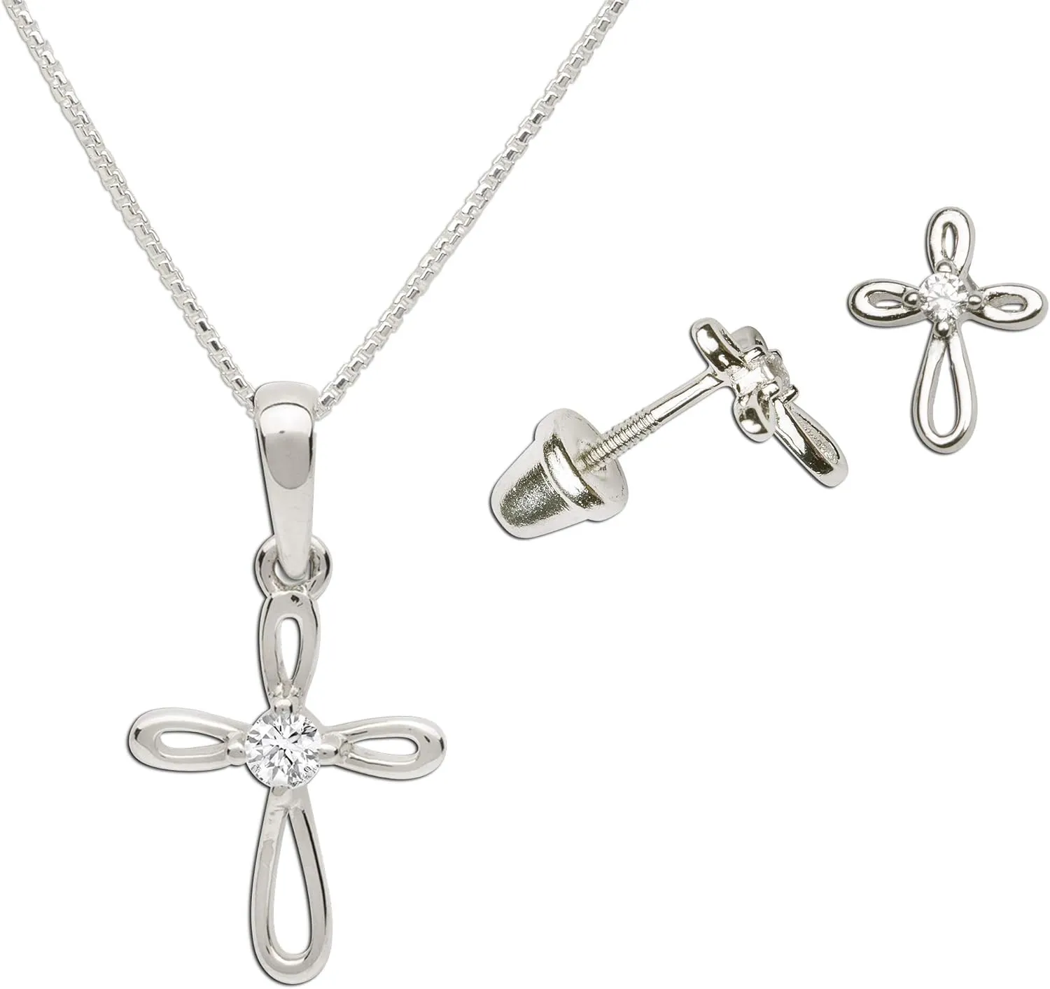 Cherished Moments Sterling Silver Infinity Cross Necklace and Earring Set for First Communion Gift
