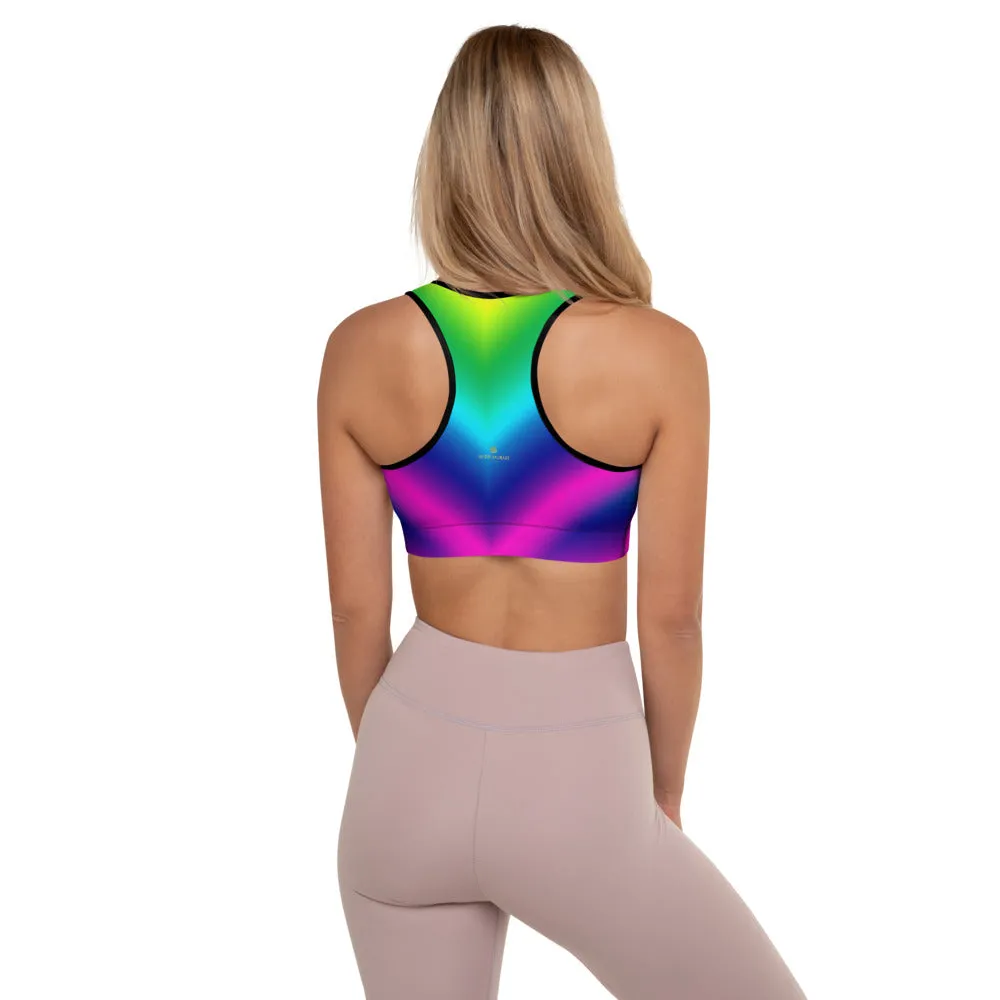 Chevron Rainbow Sports Bra, Ombre Women's Padded Workout Premium Bra-Made in USA/EU