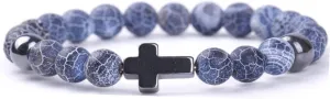 Christian Religious Cross Natural Colorful 8mm Stone Beaded Adjustable Stretch Elastic Bracelet Easter Friendship Couple Catholic Inspirational Jewelry for Women Men