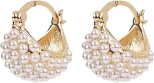 Chunky Basket Pearl Huggie Hoop Earrings for Women Gold Plated Vintage Statement Thick Round Circle Geometric Simulated Pearl Small Lightweight Hoop Earrings for Minimalist Wedding Trendy Jewelry Gifts