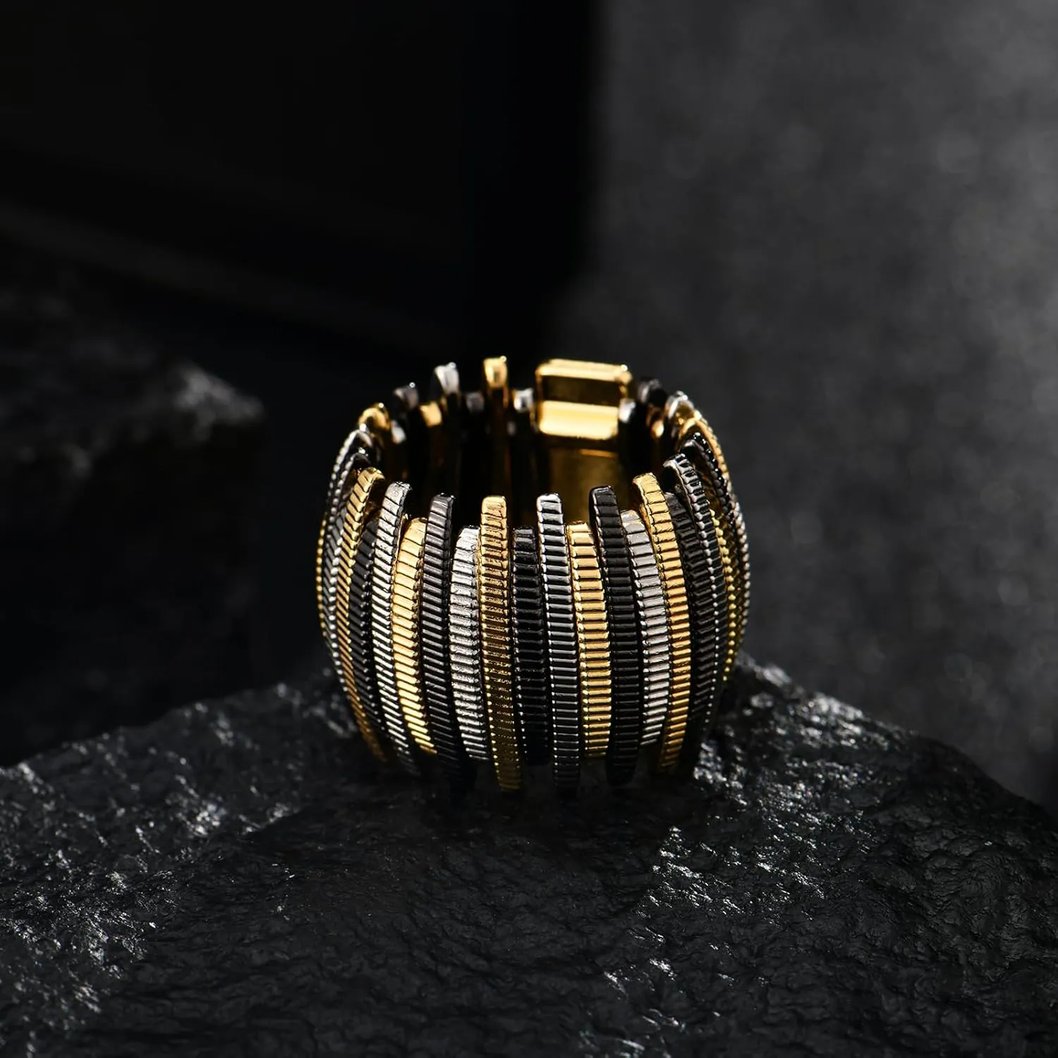Chunky Striped Wide Metal Crystal Elastic Stretch Adjustable Band Rings for Women Costume Daily