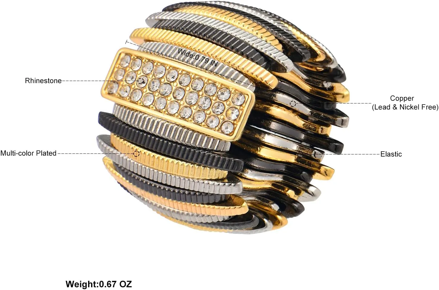 Chunky Striped Wide Metal Crystal Elastic Stretch Adjustable Band Rings for Women Costume Daily