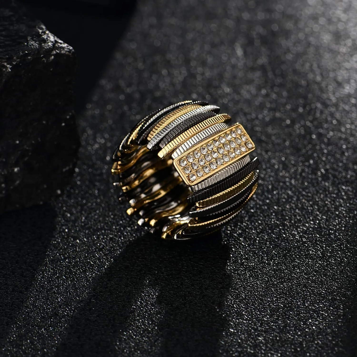Chunky Striped Wide Metal Crystal Elastic Stretch Adjustable Band Rings for Women Costume Daily