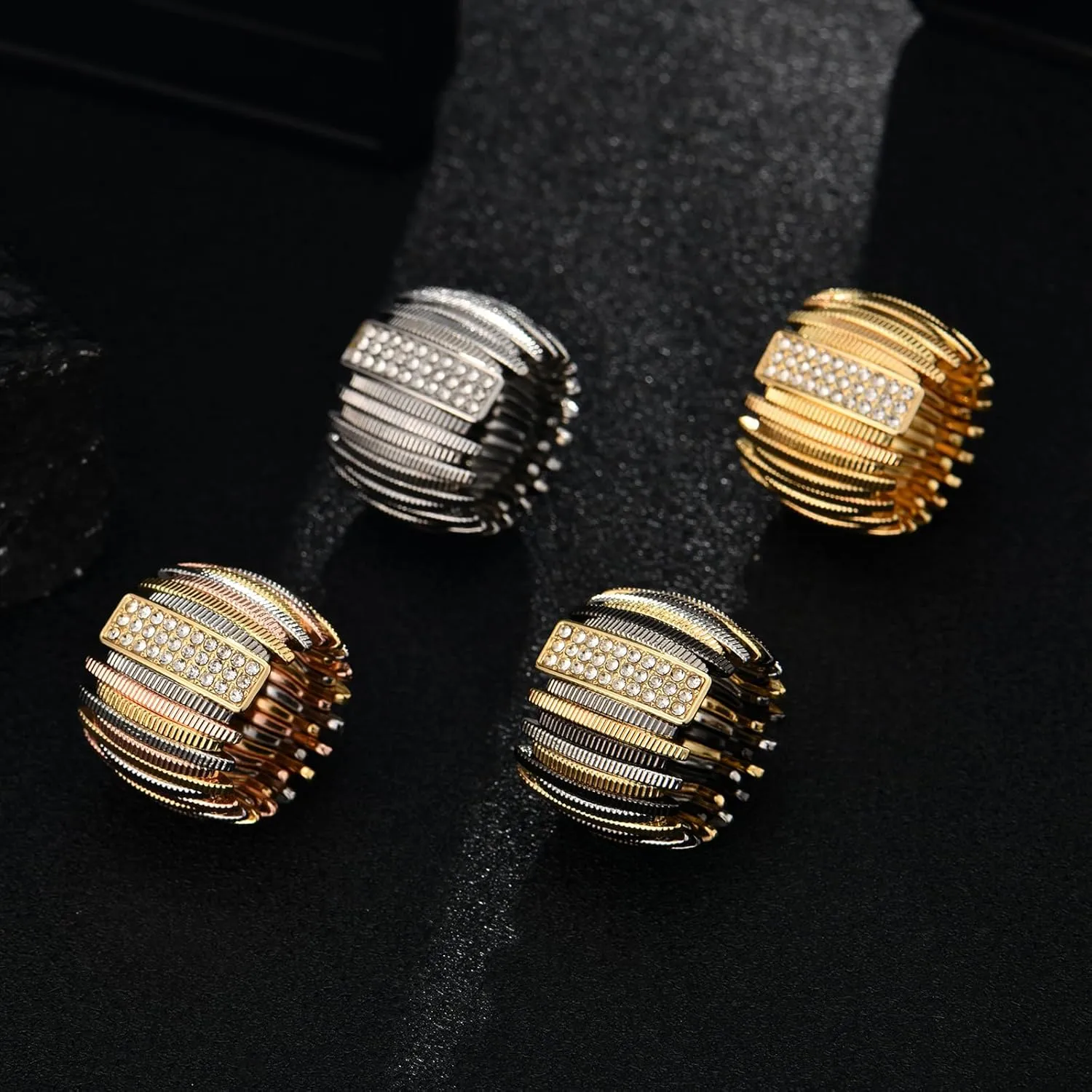 Chunky Striped Wide Metal Crystal Elastic Stretch Adjustable Band Rings for Women Costume Daily