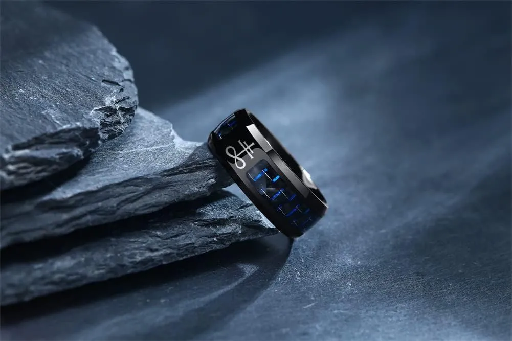 Church of Satan Jewelry Leviathan Cross Satanic Symbol Ring Stainless Steel Carbon Fiber Inlay Band for Men