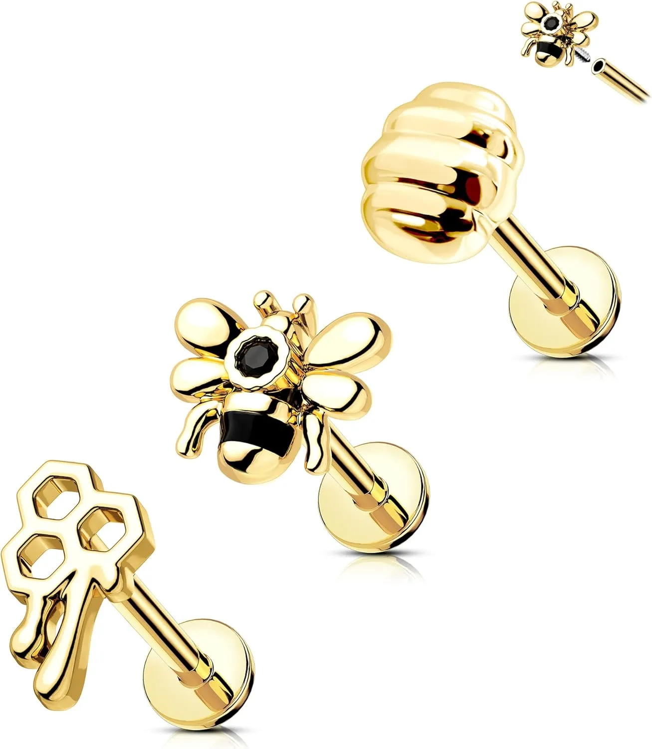 CM Crareesi Mania Flat Back Earrings Internally Threaded Labret Studs 316L Stainless Steel Helix Earrings Stud 16G Cartilage Earrings Stud 8mm Bee Medusa Piercing Jewelry