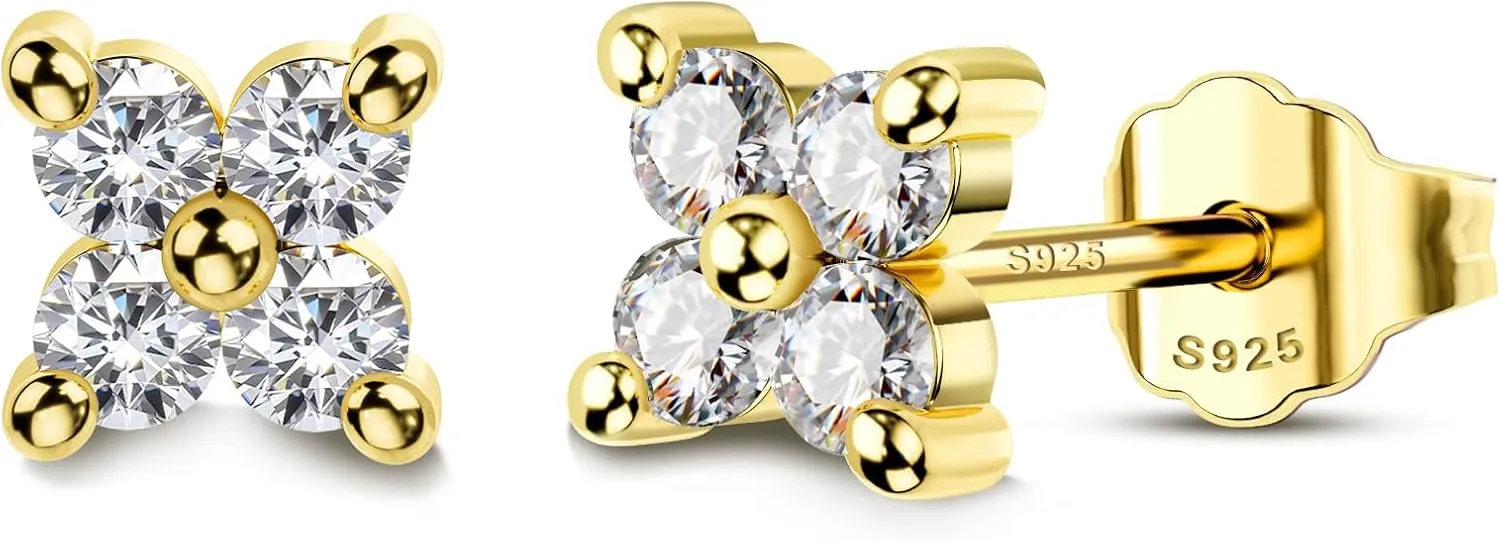 COCHARM 14K Gold Plated 925 Sterling Silver Stud Earrings 20g Clover Clear CZ Cartilage Syud Earrings for Women