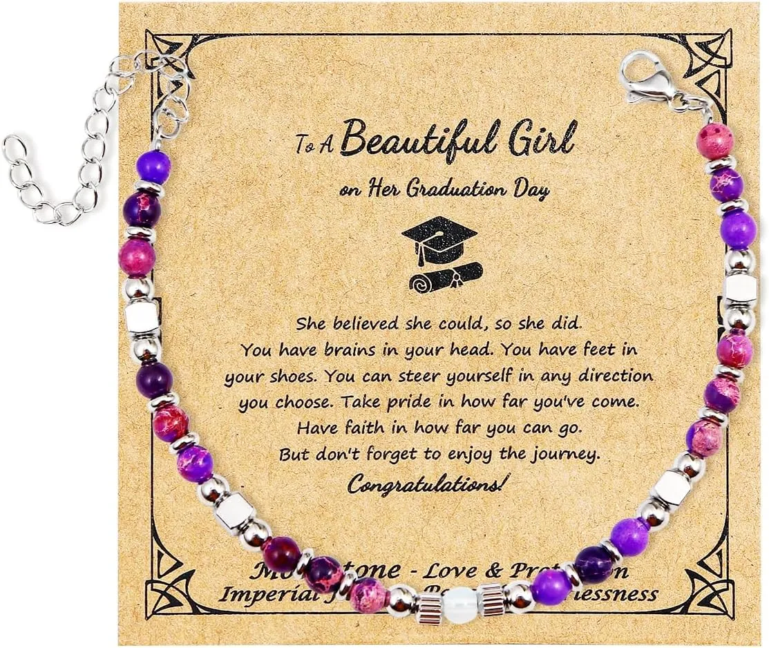 COLORFUL BLING 2025 Graduation Gifts for Her/Women, Tiny Gemstone Graduation Bracelet,Natural Stone Beaded Stretch Bracelets,Adjustable Inspirational Bracelet with Meanningful Card
