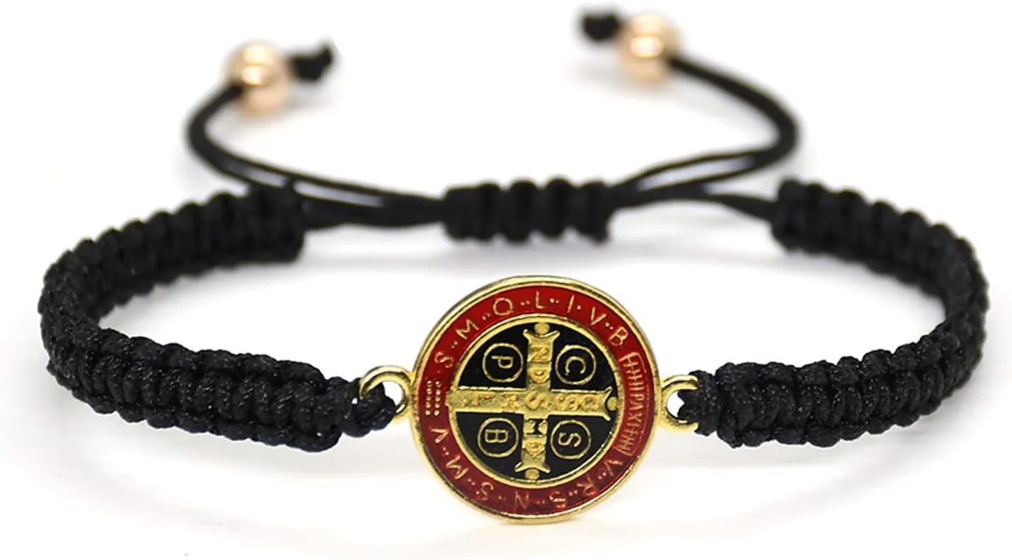 COLORFUL BLING 2Pcs Catholic Virgin Mary Saint Benedict Cross Bracelet Set for Men Women Adjustable Braided Red String 7 Knots San Benito Bracelet Religious Protection Amulet Jewelry Gift