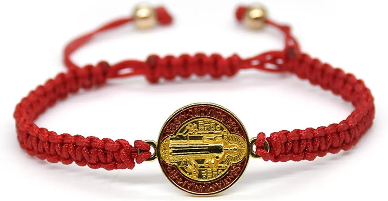 COLORFUL BLING 2Pcs Catholic Virgin Mary Saint Benedict Cross Bracelet Set for Men Women Adjustable Braided Red String 7 Knots San Benito Bracelet Religious Protection Amulet Jewelry Gift