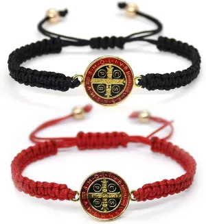 COLORFUL BLING 2Pcs Catholic Virgin Mary Saint Benedict Cross Bracelet Set for Men Women Adjustable Braided Red String 7 Knots San Benito Bracelet Religious Protection Amulet Jewelry Gift