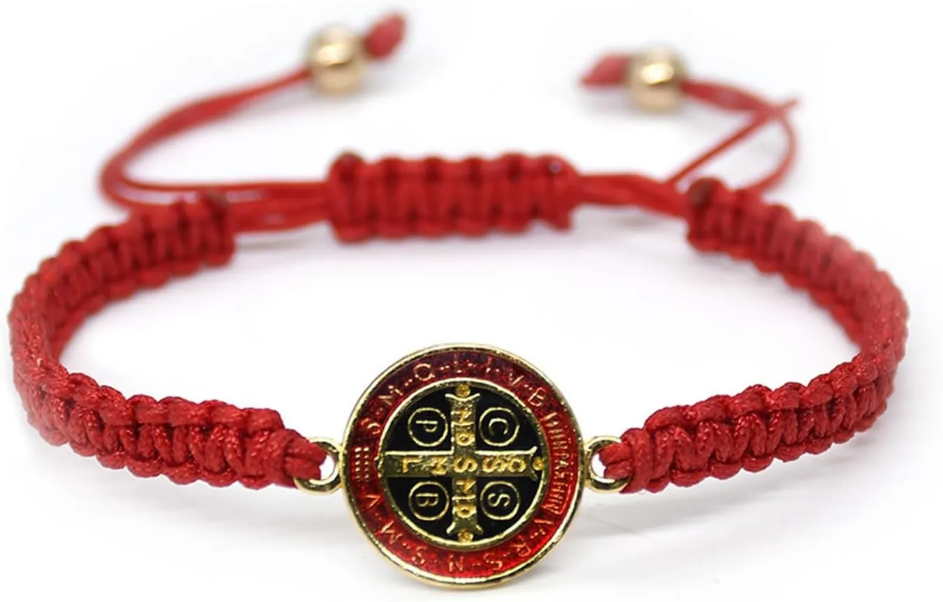 COLORFUL BLING 2Pcs Catholic Virgin Mary Saint Benedict Cross Bracelet Set for Men Women Adjustable Braided Red String 7 Knots San Benito Bracelet Religious Protection Amulet Jewelry Gift
