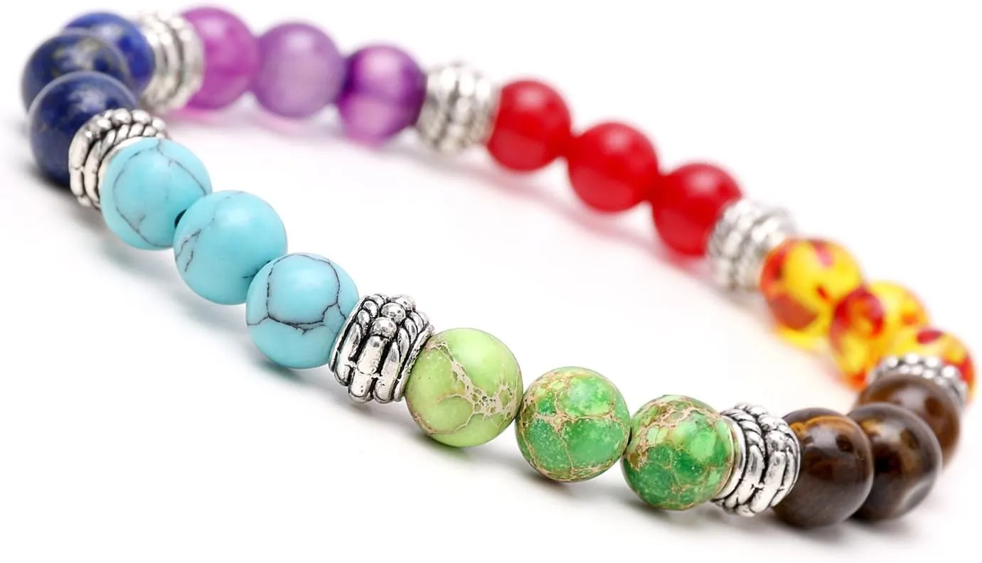 COLORFUL BLING 7 Chakra Lava Natural Stone Rock Gemstone Beads Yoga Reiki Healing Crystals Energy Balancing Necklace with Earrings Bracelet Jewelry Set for Women