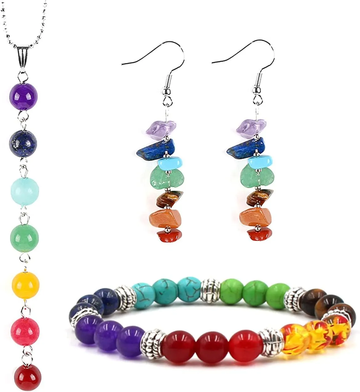 COLORFUL BLING 7 Chakra Lava Natural Stone Rock Gemstone Beads Yoga Reiki Healing Crystals Energy Balancing Necklace with Earrings Bracelet Jewelry Set for Women