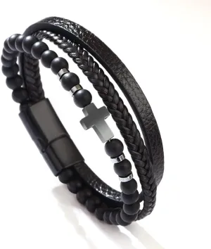 COLORFUL BLING Genuine Leather Cross Bracelet for Men Vintage Braided Mutilayer Sideway Cross Cuff Wristband Religious Confirmation Christian Prayer Jewelry
