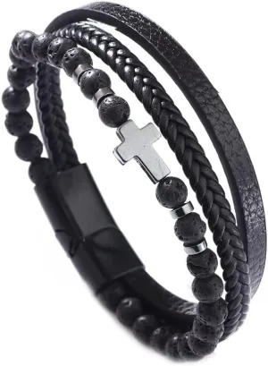 COLORFUL BLING Genuine Leather Cross Bracelet for Men Vintage Braided Mutilayer Sideway Cross Cuff Wristband Religious Confirmation Christian Prayer Jewelry