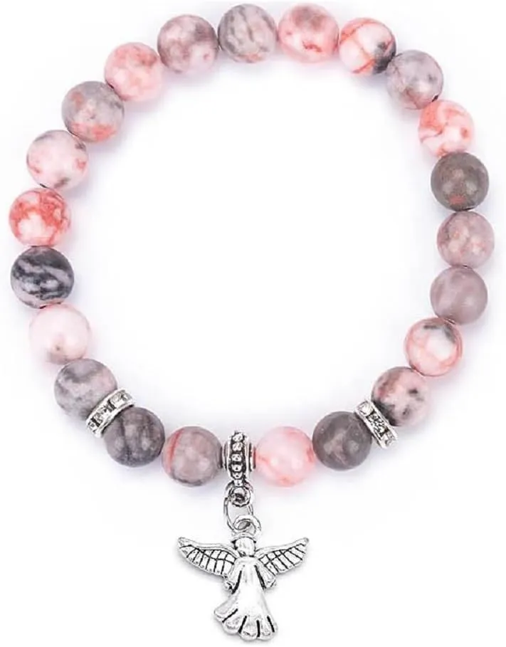COLORFUL BLING Guardian Angel Charm Bracelets for Women Healing Crystal Beaded Stretch Elastic Bracelet Memorial Protection Sympathy Gift Natural Stone Inspirational Bracelet Faith and Love Jewelry