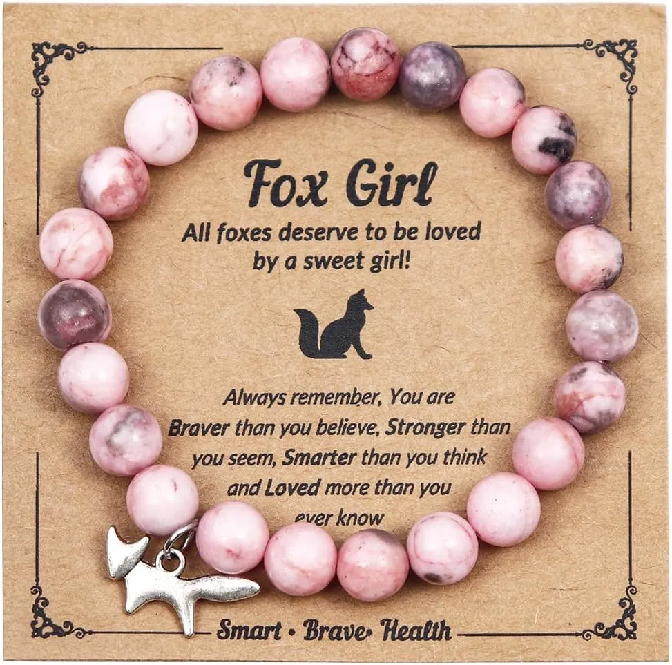 COLORFUL BLING Healing Crystal Beaded Stretch Bracelet Natural Stone Fox Charm Bracelet for Women Men Inspirational Jewelry Birthday Christmas Gifts