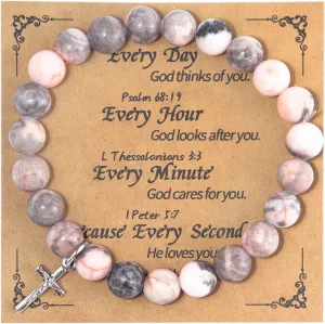 COLORFUL BLING Natural Stone Cross Bracelet Religious Catholic Gifts Jewelry Amethyst Healing Bracelet Protection Pray Bracelet Love Gifts for Women