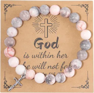 COLORFUL BLING Natural Stone Cross Bracelet Religious Catholic Gifts Jewelry Amethyst Healing Bracelet Protection Pray Bracelet Love Gifts for Women