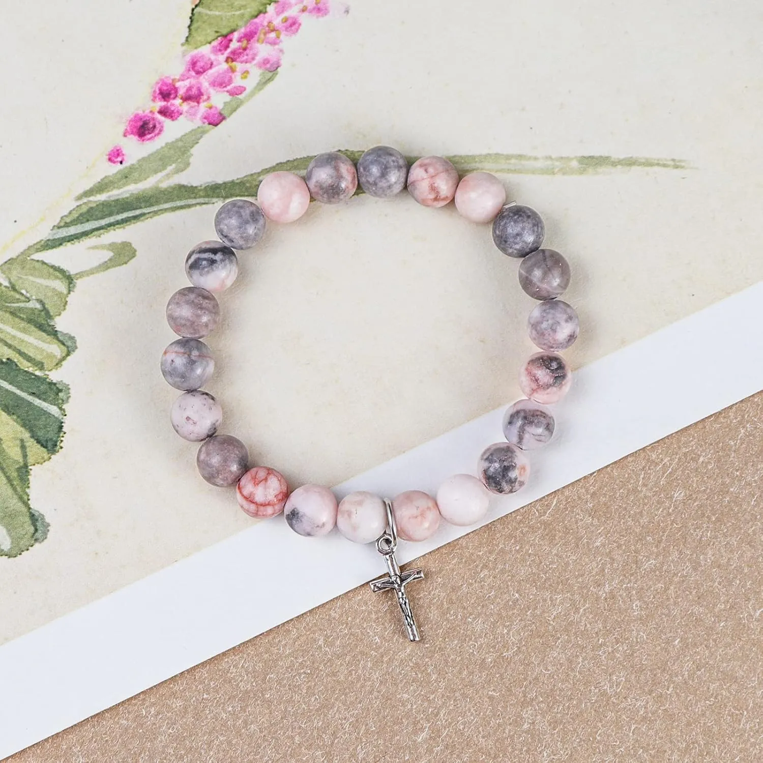 COLORFUL BLING Natural Stone Cross Bracelet Religious Catholic Gifts Jewelry Amethyst Healing Bracelet Protection Pray Bracelet Love Gifts for Women