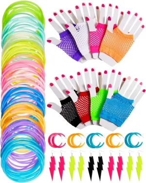 Coume 108 Pcs Neon Costume Accessories 8 Pairs Neon Gloves Fingerless Fishnet Gloves 10 Pairs Retro Earrings Dangle Earrings 90 Pcs Colorful Jelly Bracelets Luminous Hair Ties for 80s Party Supplies