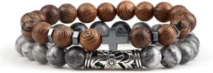 Cross Bracelets Set Hot Men Natural Wood Beads Lava Tiger Eye Stone Onyx Meditation Prayer Bracelet Women Yoga Jewelry Pulseras,Set 14