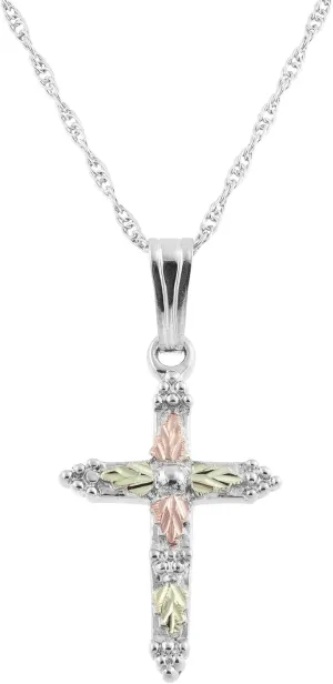 Cross with Leaf Pendant Necklace, Sterling Silver, 12k Rose and Green Black Hills Gold 18 Inches