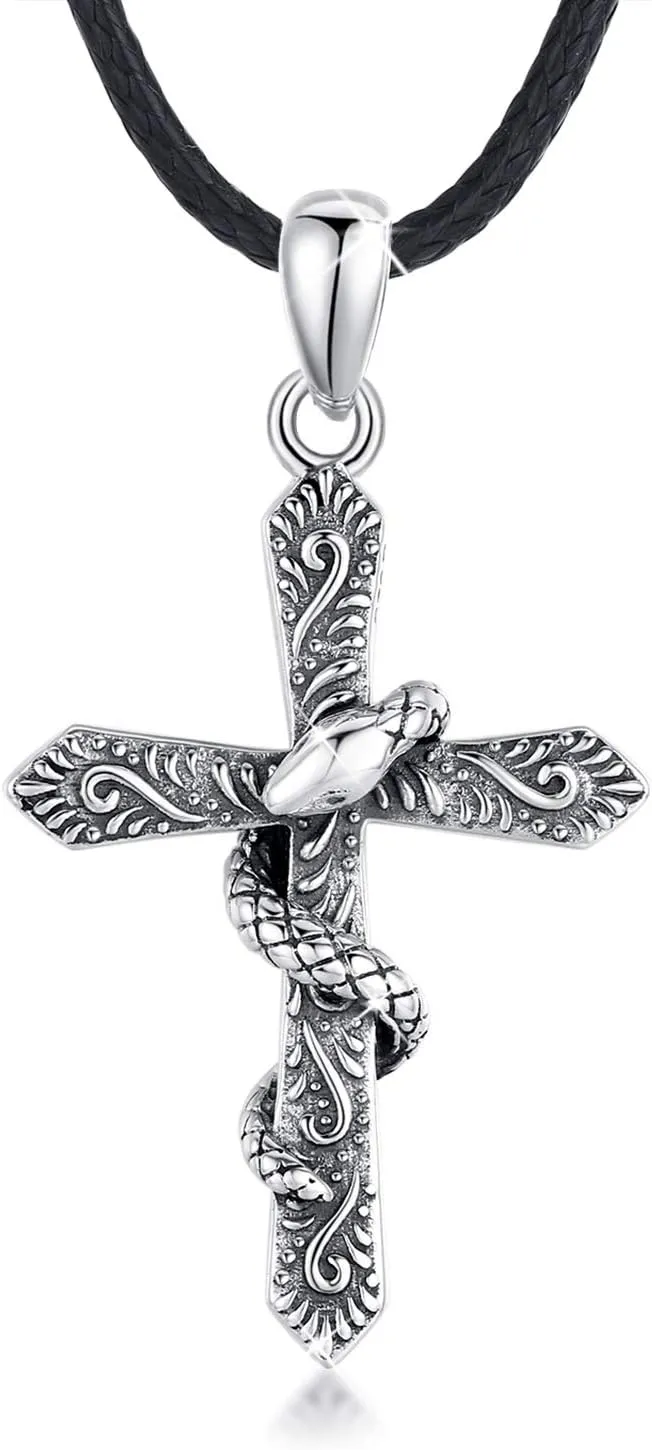 CUOKA MIRACLE Cross Snake Necklace 925 Sterling Silver Snake Necklace Cross Necklace for Men Vintage Oxidized Gothic Pendant Snake Jewellery Gift for Women