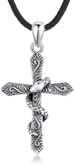 CUOKA MIRACLE Cross Snake Necklace 925 Sterling Silver Snake Necklace Cross Necklace for Men Vintage Oxidized Gothic Pendant Snake Jewellery Gift for Women