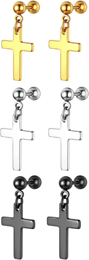 Cupimatch 3 Pairs Cross Dangle Stud Earrings Set for Men Women,Black Gold Silver Ear Pierced Stainless Steel Earrings Jewelry