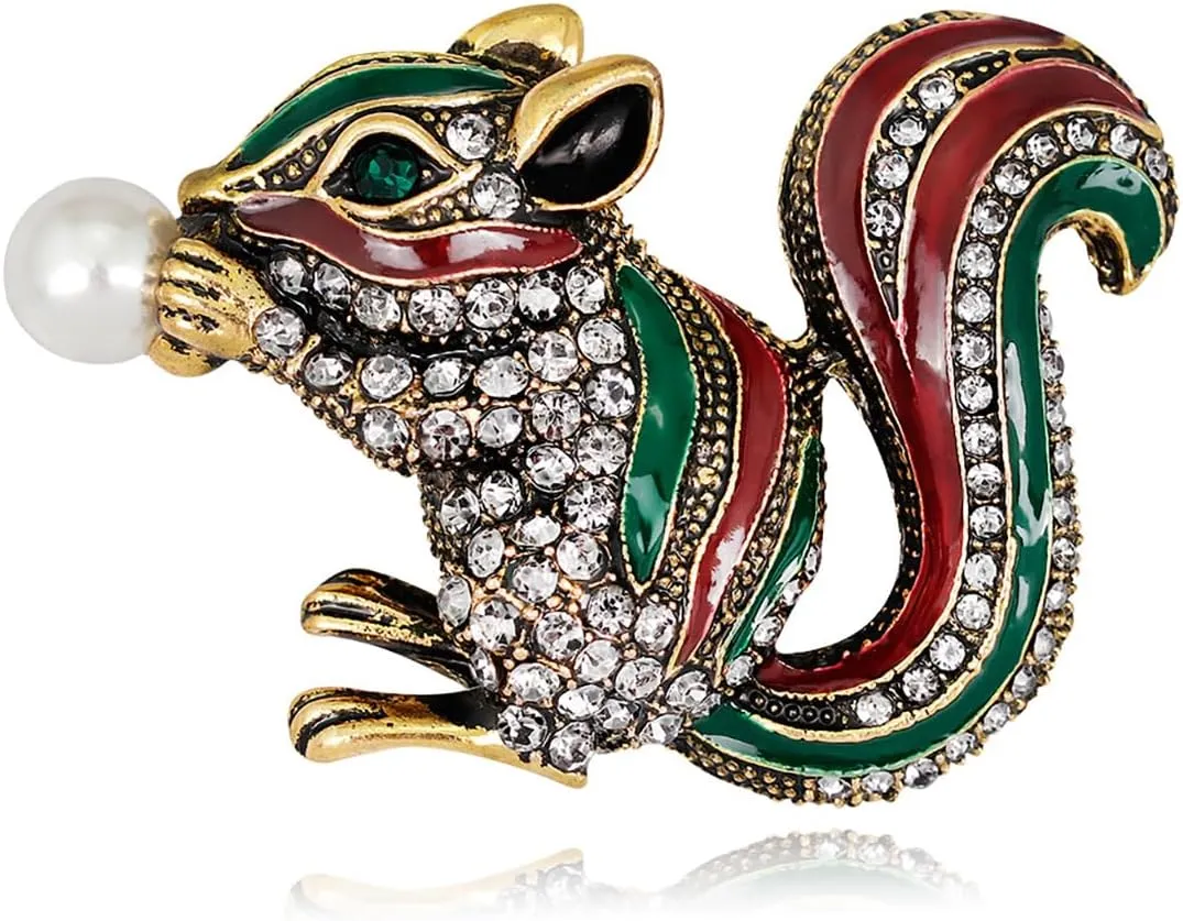 Cute Squirrel Brooch Pin for Women Colored Enamel Crystal Pearl Squirrel Brooch Lapel Pin Fashion Animal Brooch Accessories Clothes Bags Hats Suits Clothing Jewelry Accessories