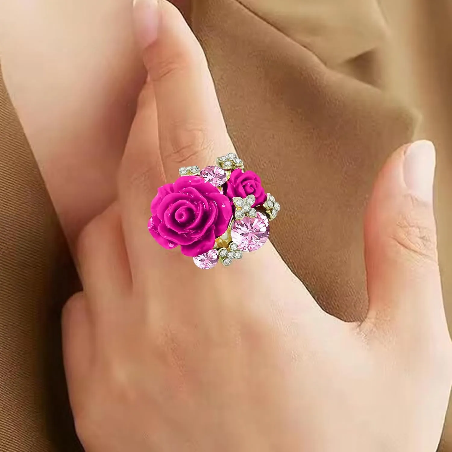 CZ Rose Flower Resin Gemstone Statement Rings for Women Cubic Zirconia Adjustable Expandable Open Band Finger Ring Fashion Christmas Birthday Wedding Jewelry Gift