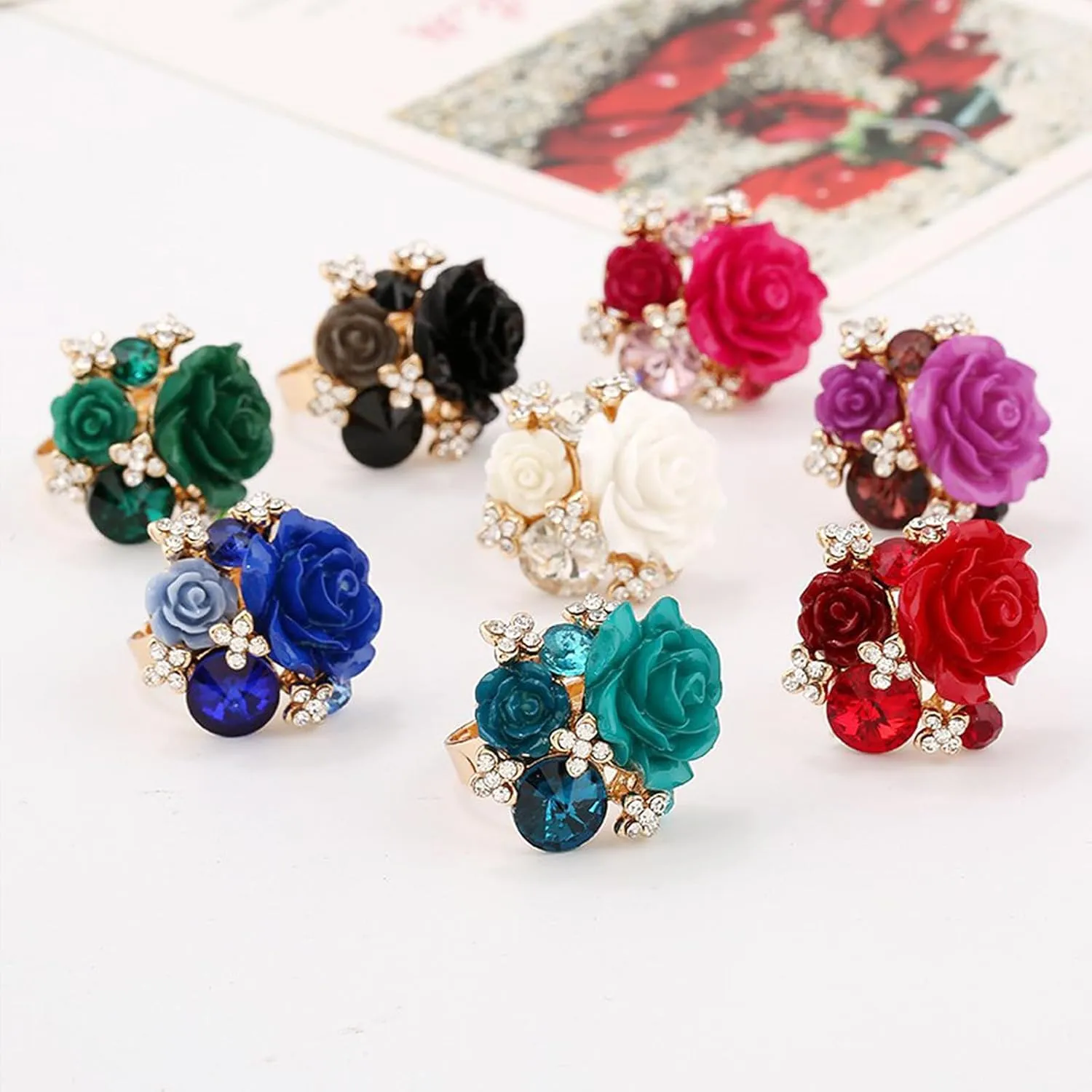 CZ Rose Flower Resin Gemstone Statement Rings for Women Cubic Zirconia Adjustable Expandable Open Band Finger Ring Fashion Christmas Birthday Wedding Jewelry Gift