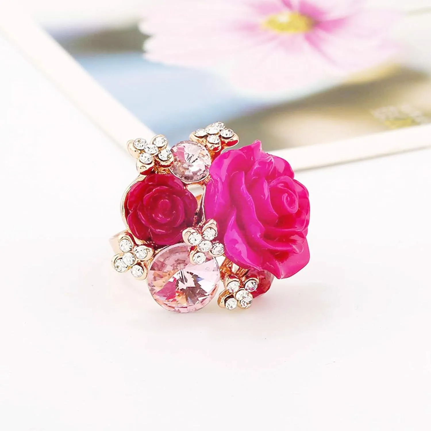 CZ Rose Flower Resin Gemstone Statement Rings for Women Cubic Zirconia Adjustable Expandable Open Band Finger Ring Fashion Christmas Birthday Wedding Jewelry Gift