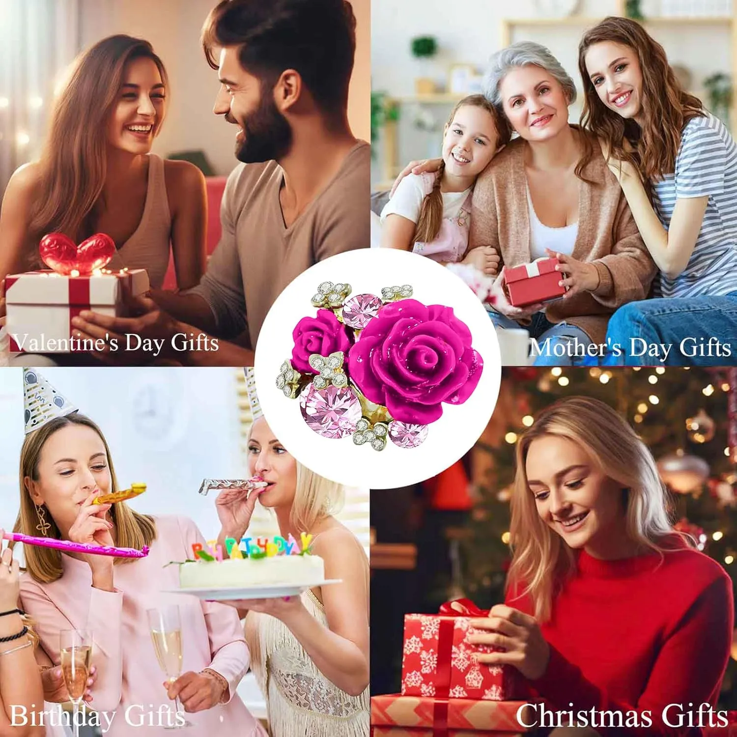 CZ Rose Flower Resin Gemstone Statement Rings for Women Cubic Zirconia Adjustable Expandable Open Band Finger Ring Fashion Christmas Birthday Wedding Jewelry Gift