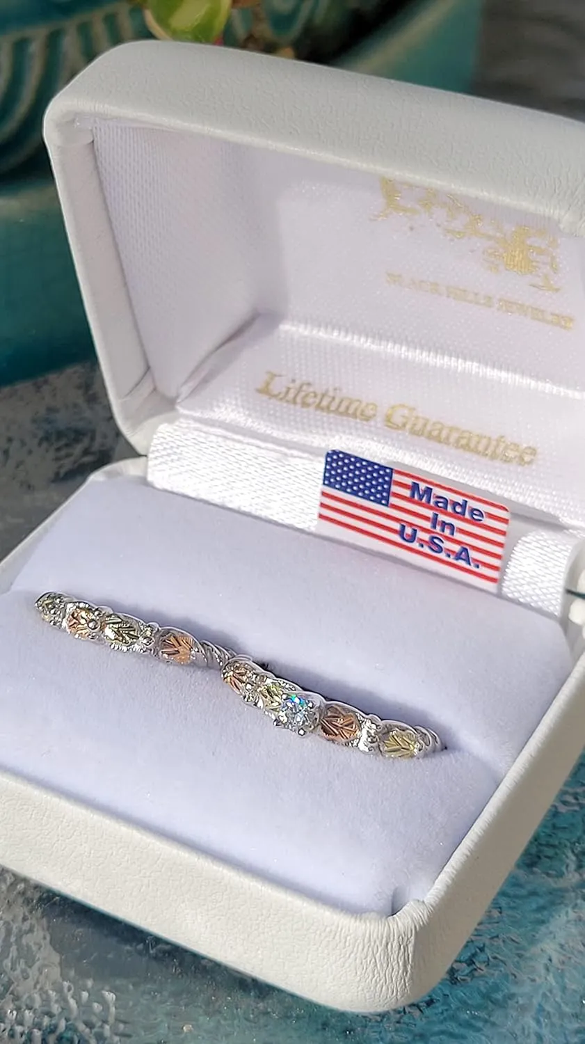 CZ Wedding and Engagement Ring Set, Sterling Silver, 12k Green and Rose Gold Black Hills Gold Motif